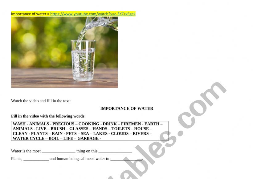 WATER AS A RESOURCE worksheet