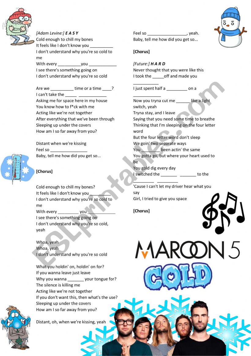 Cold - Maroon 5 Worksheet worksheet