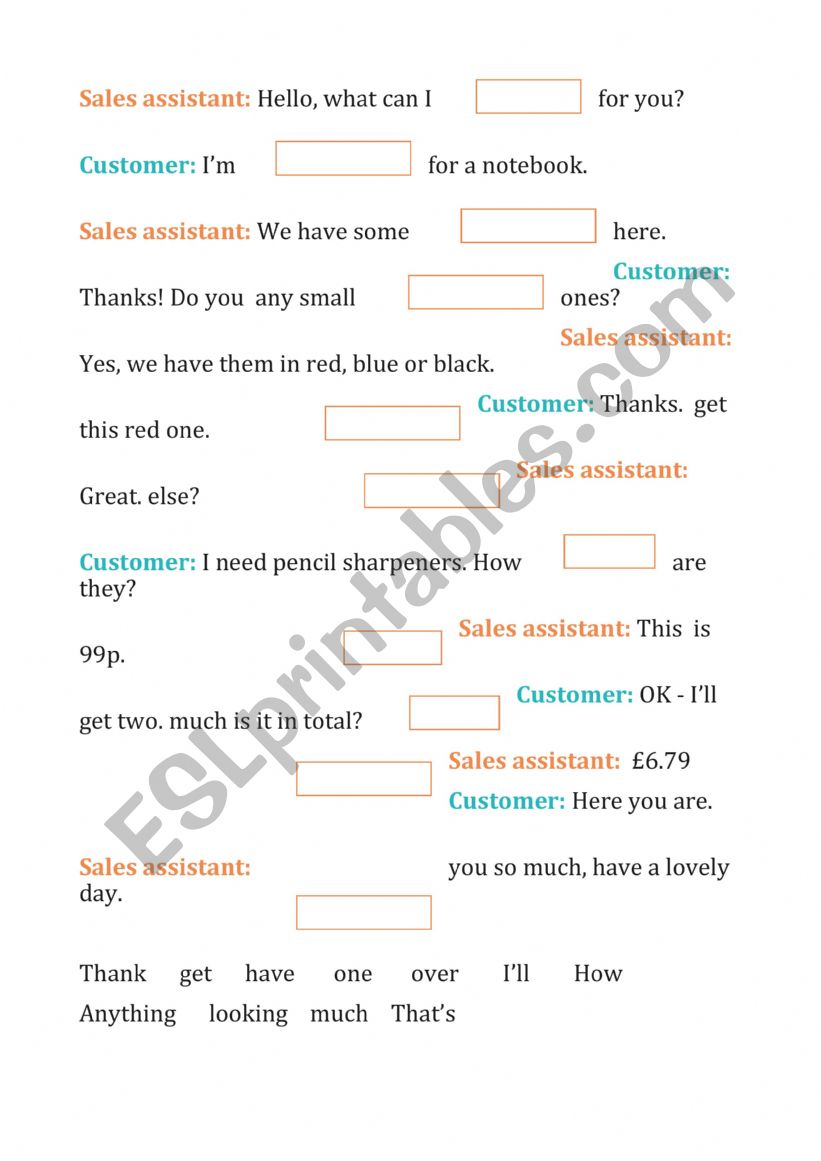 Stationary shop role play worksheet
