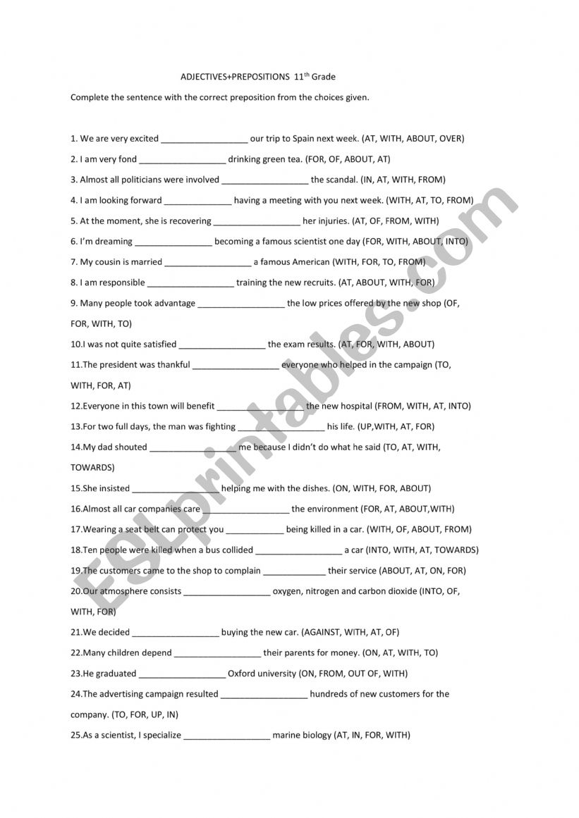 Adjectives + prepositions worksheet