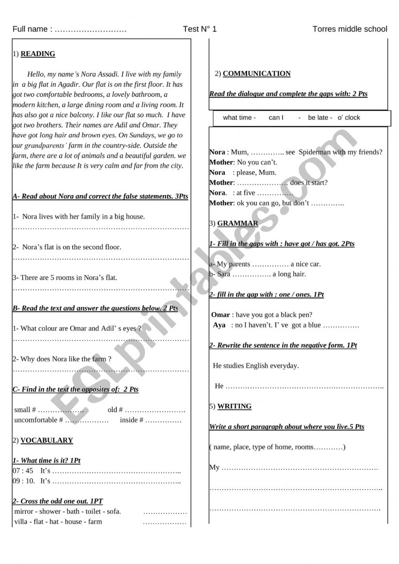 test for young learners worksheet