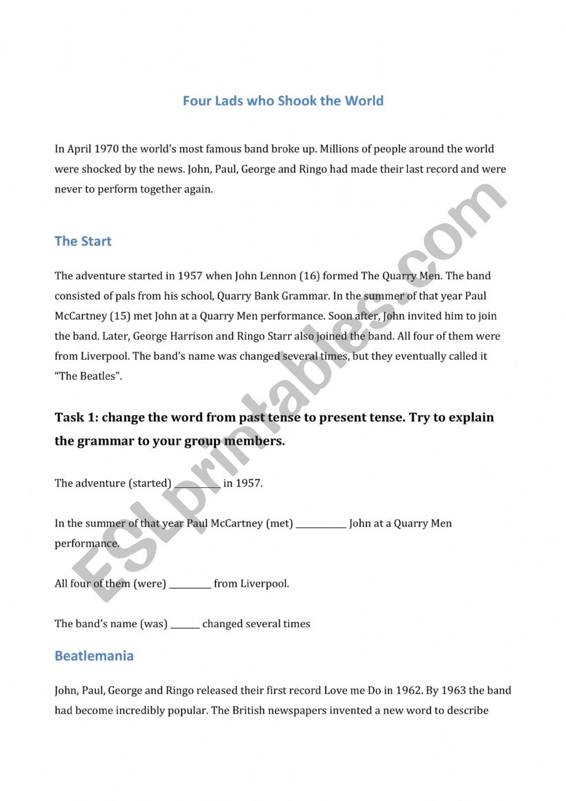The Beatles text and tasks  worksheet