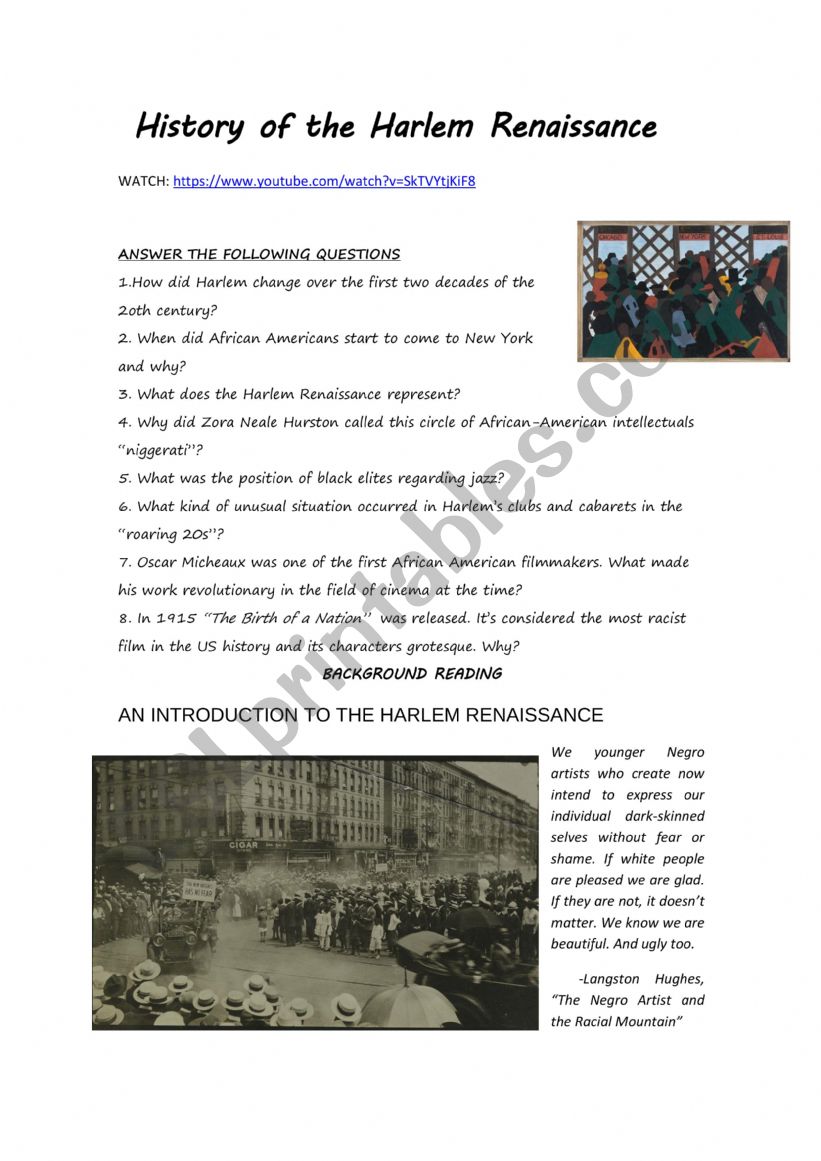 Harlem Renaissance Worksheet Printable