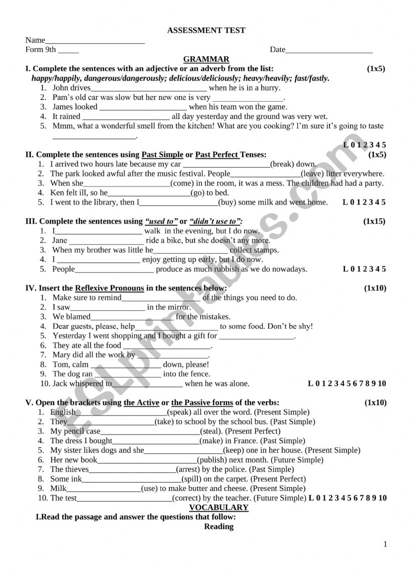 ASSESSMENT TEST worksheet