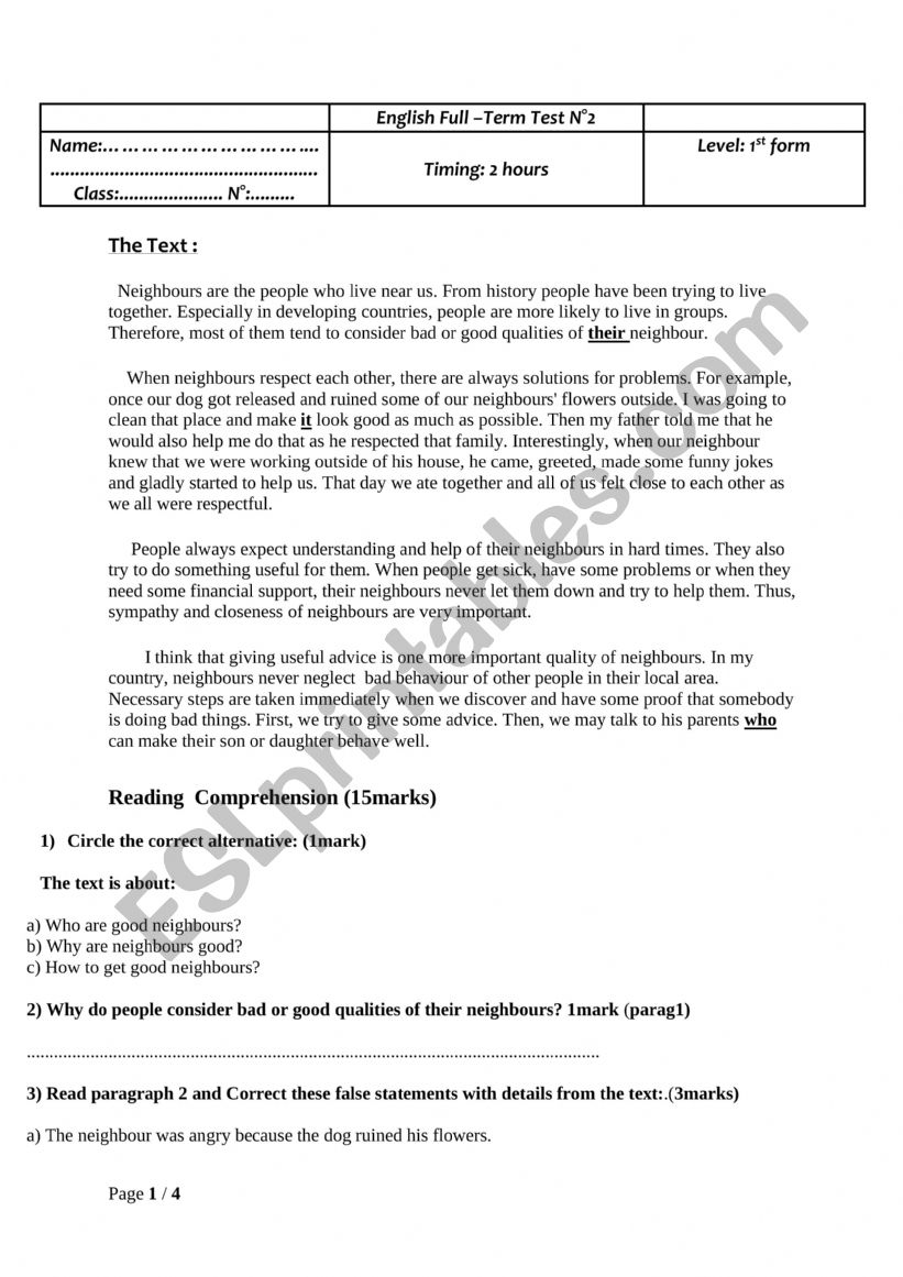 full term test 2 1st form worksheet