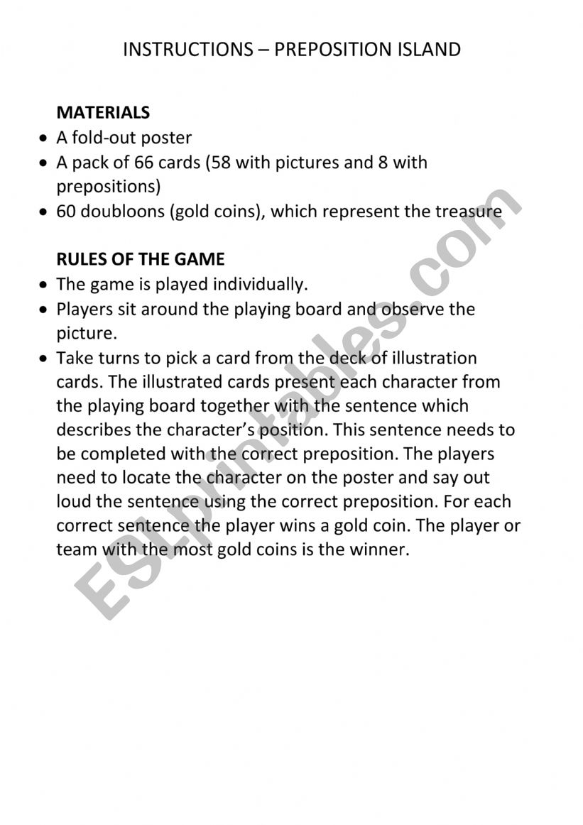 Preposition Isalnd worksheet