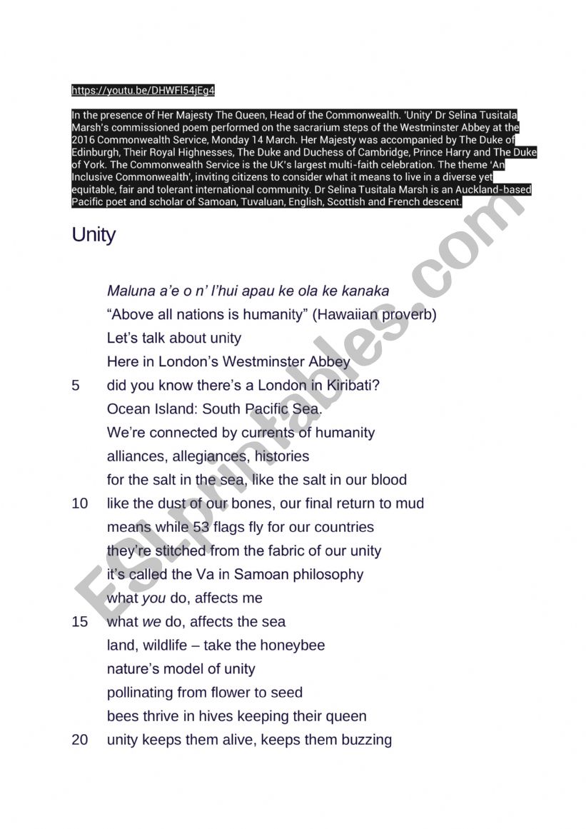 poem Unity worksheet
