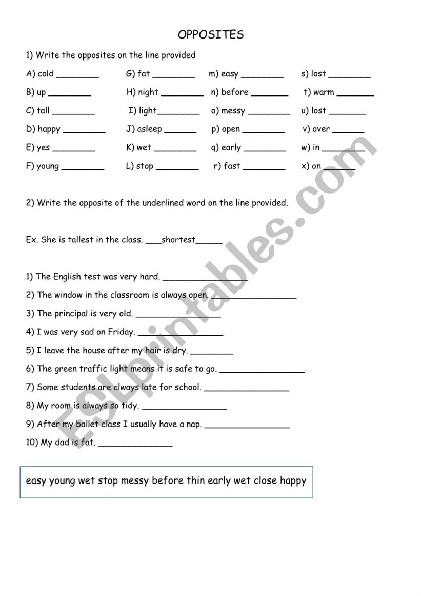 Opposites worksheet