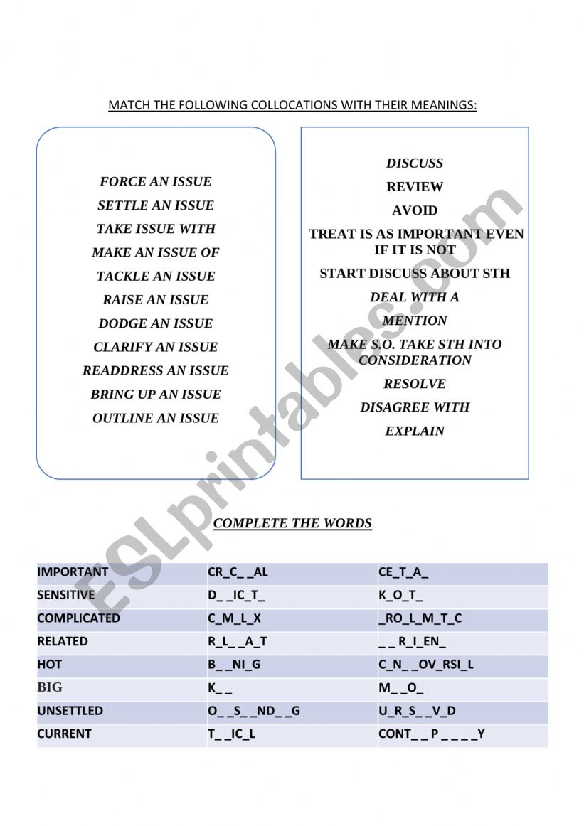 Collocations: issue worksheet