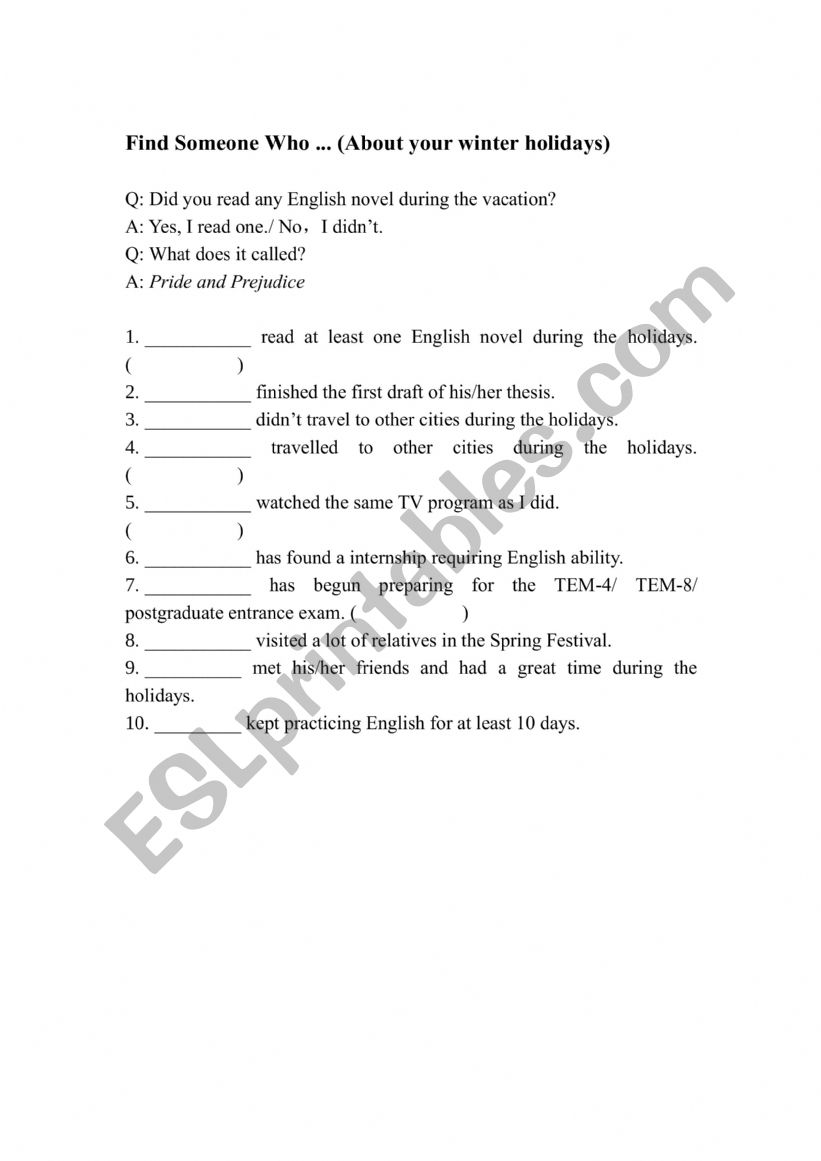 Find someone who -- Holidays worksheet