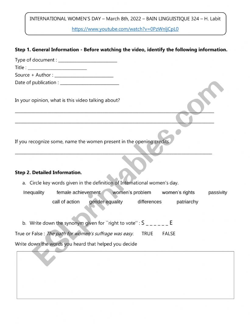 International Women�s Day worksheet