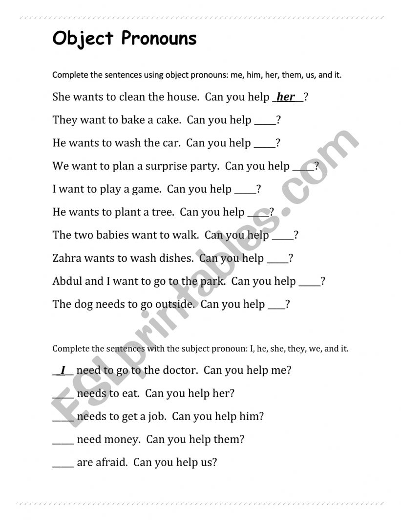 Subject Object Pronoun Fill In The Blank ESL Worksheet By ElisaHope 