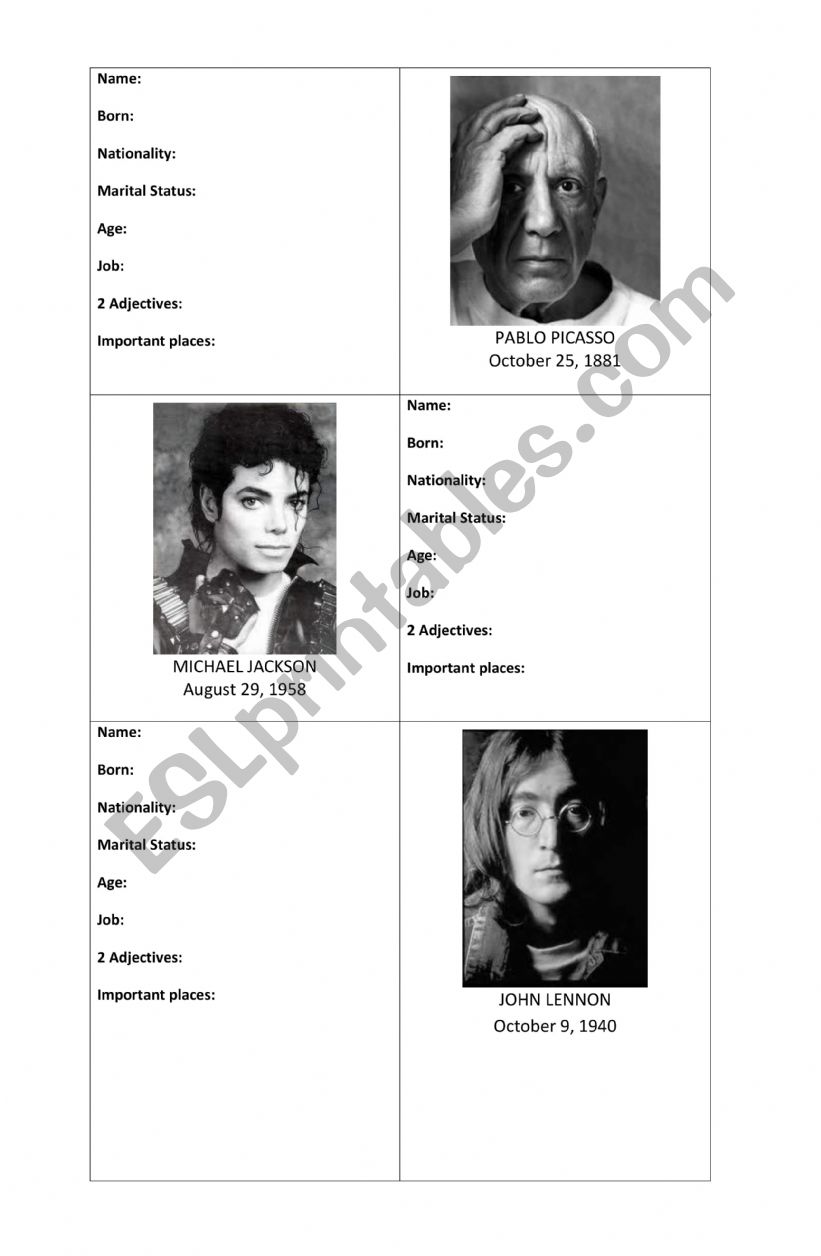 Famous Characters biographies worksheet