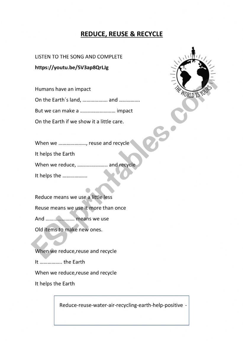 REDUCE,REUSE, RECYCLE worksheet