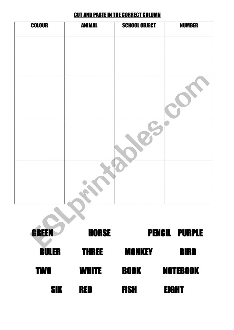 CUT AND PASTE VOCABULARY  worksheet