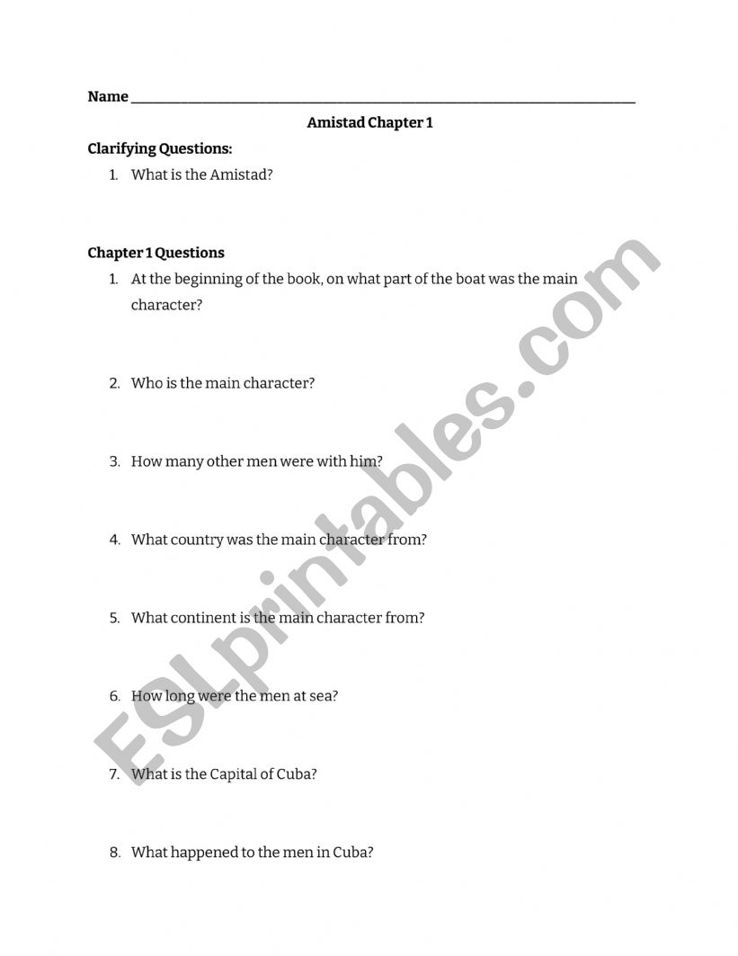 Amistad Chapter 1 Study Guide worksheet