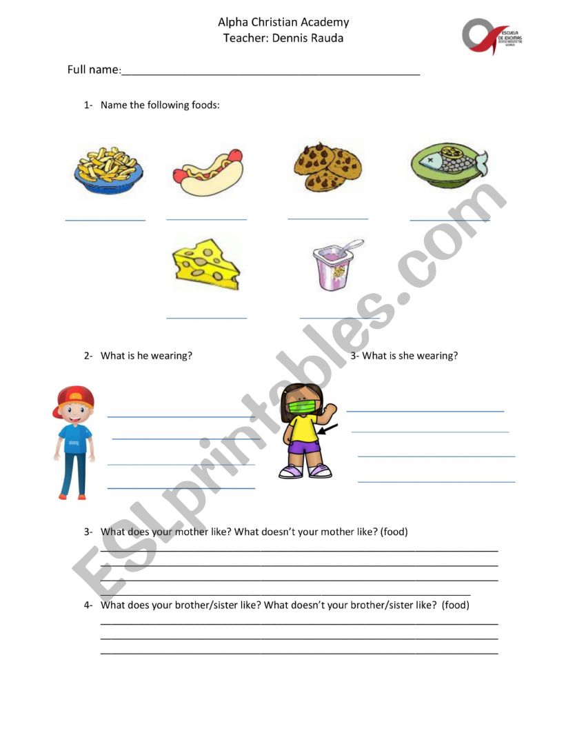 Test about food worksheet