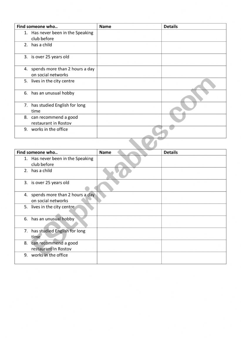 Find somewone who ice breaker worksheet