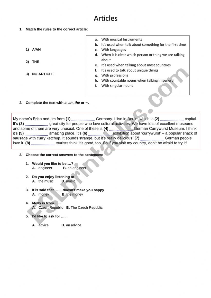 articles worksheet