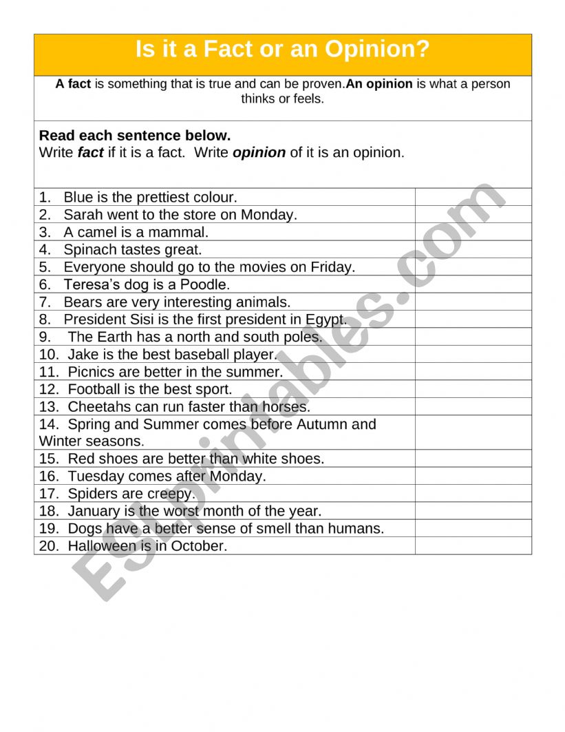 FACT or OPINION worksheet