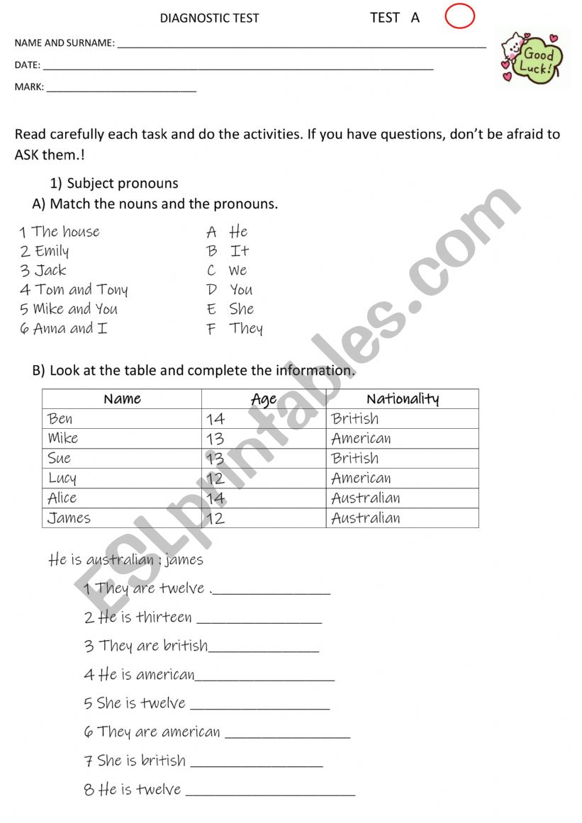 PRELIMINARY DIAGNOSTIC TEST ESL Worksheet By Virgy mb