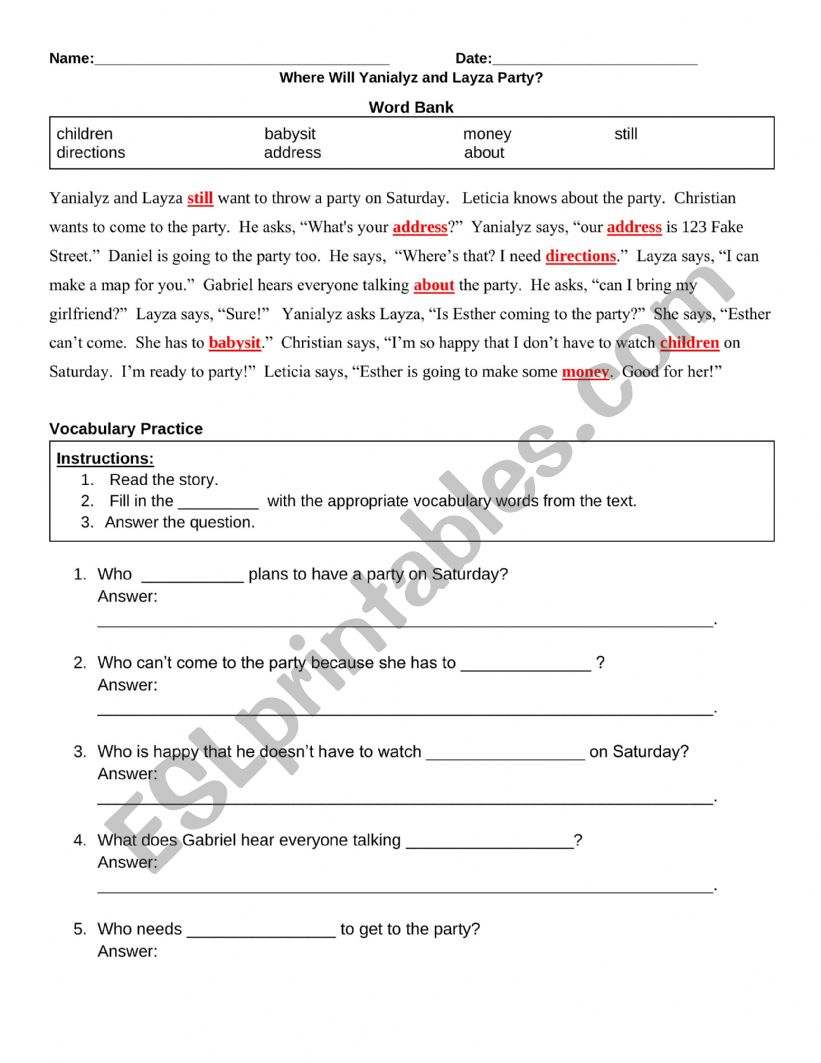 Vocabulary - Directions worksheet