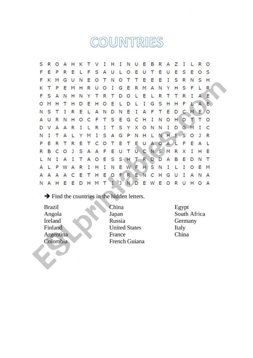 Countries crossword worksheet
