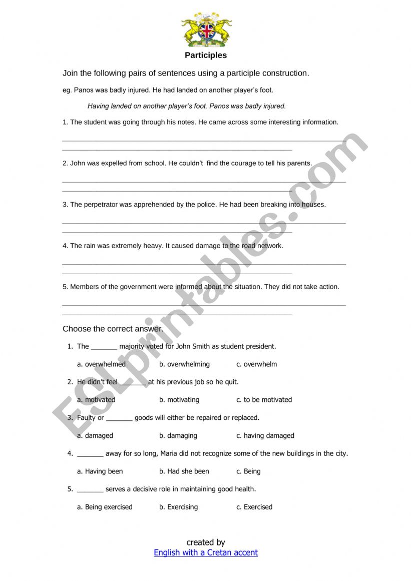 Participle construction worksheet