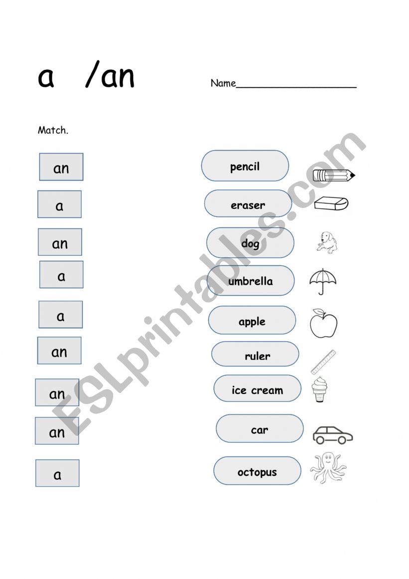 A and an matching worksheet worksheet