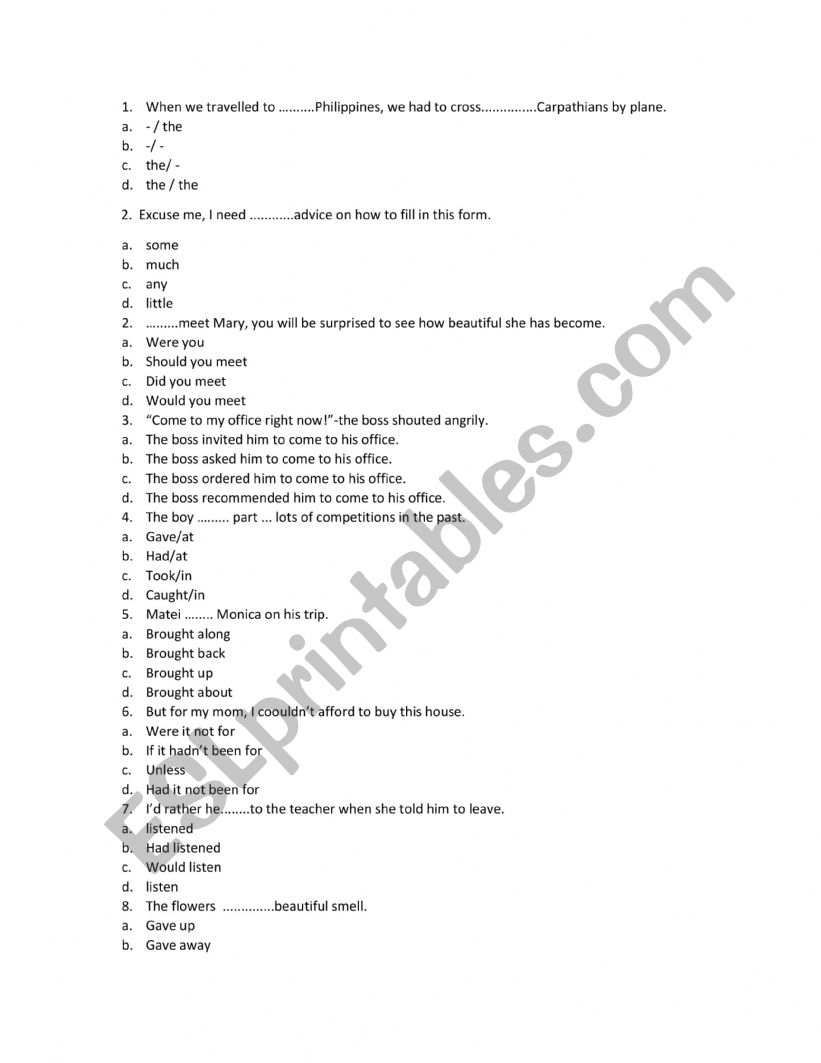 Grammar test - ESL worksheet by andaa252000