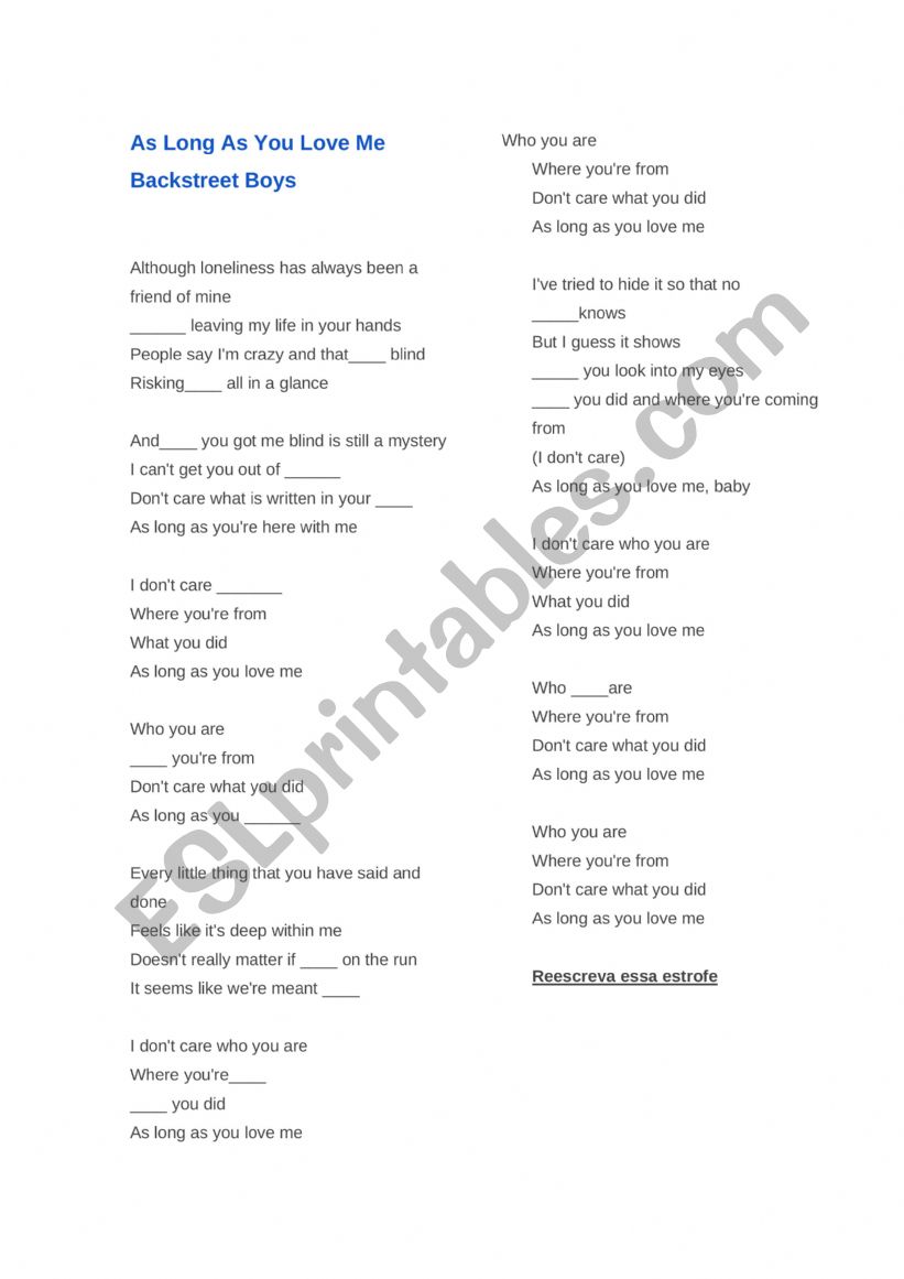 As long as you love me- music activity