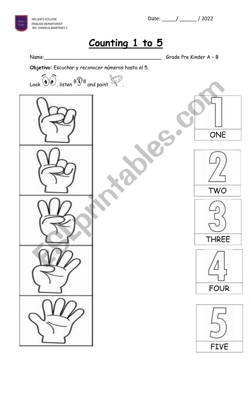 Counting 1 To 5 ESL Worksheet By DaniMC