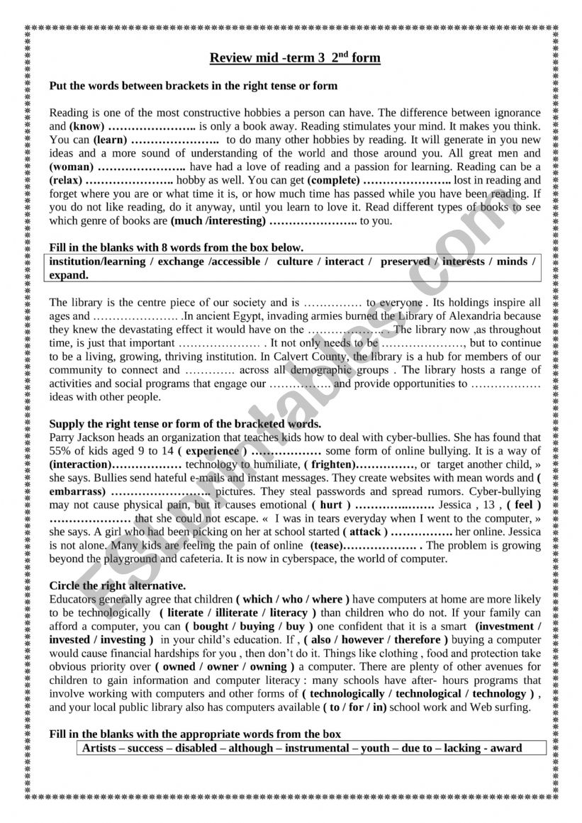 review mid term 3 2nd form worksheet
