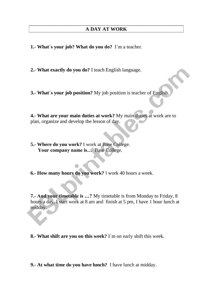 A day at work worksheet