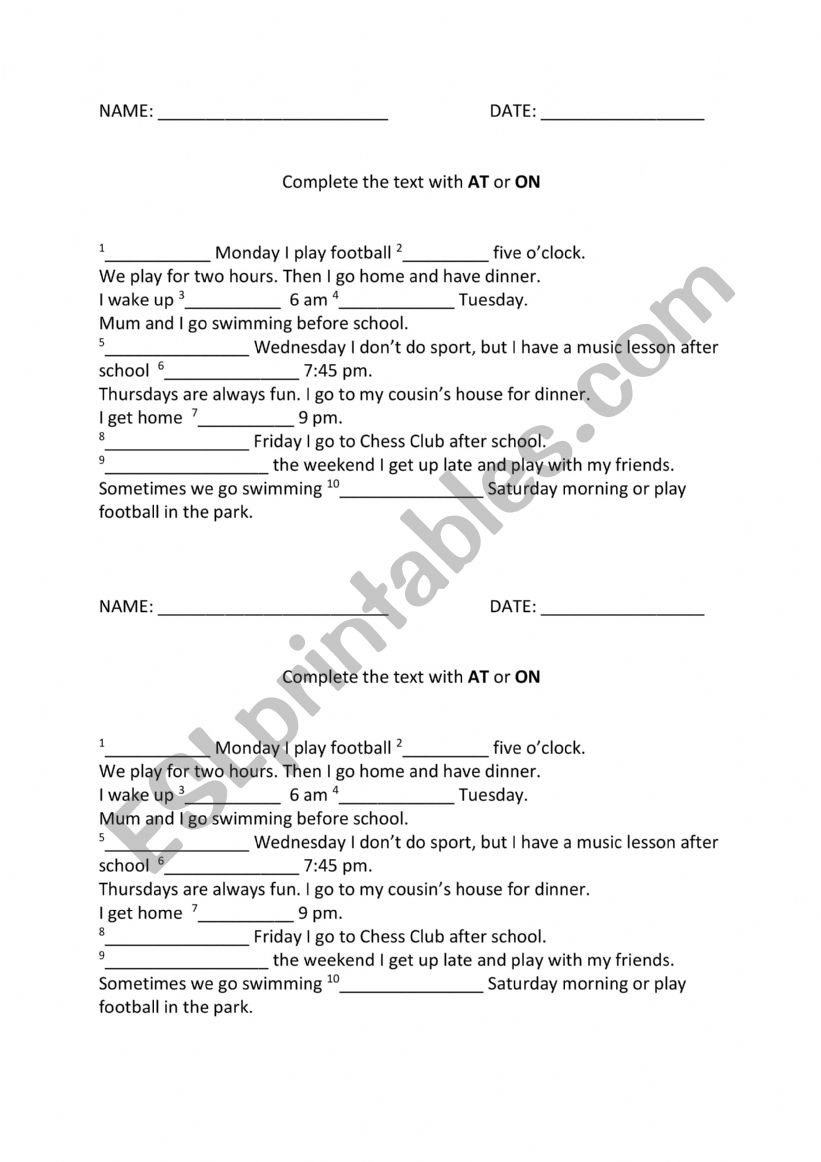 Prepositions of time worksheet