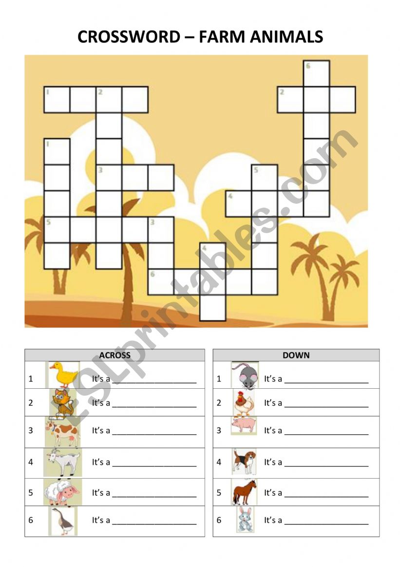 Crossword farm animals ESL worksheet by kellyprbr