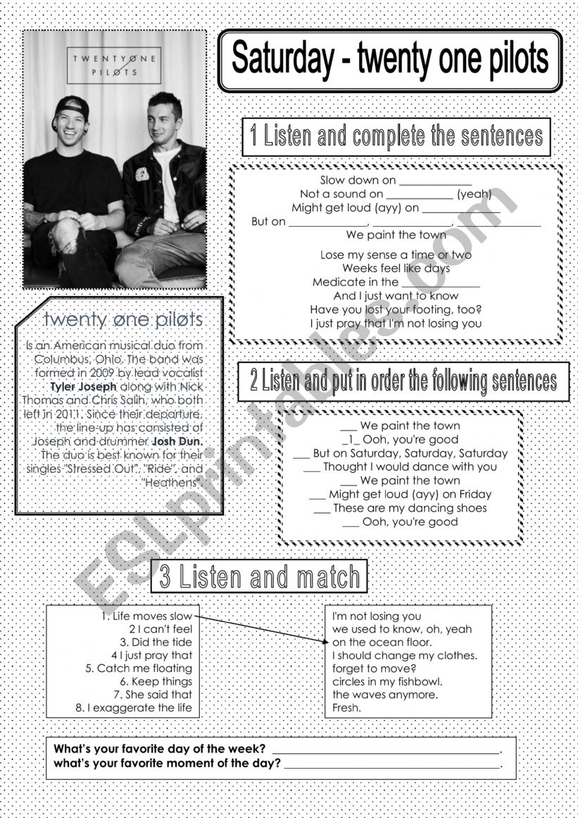 Saturday - Twenty One pilots worksheet