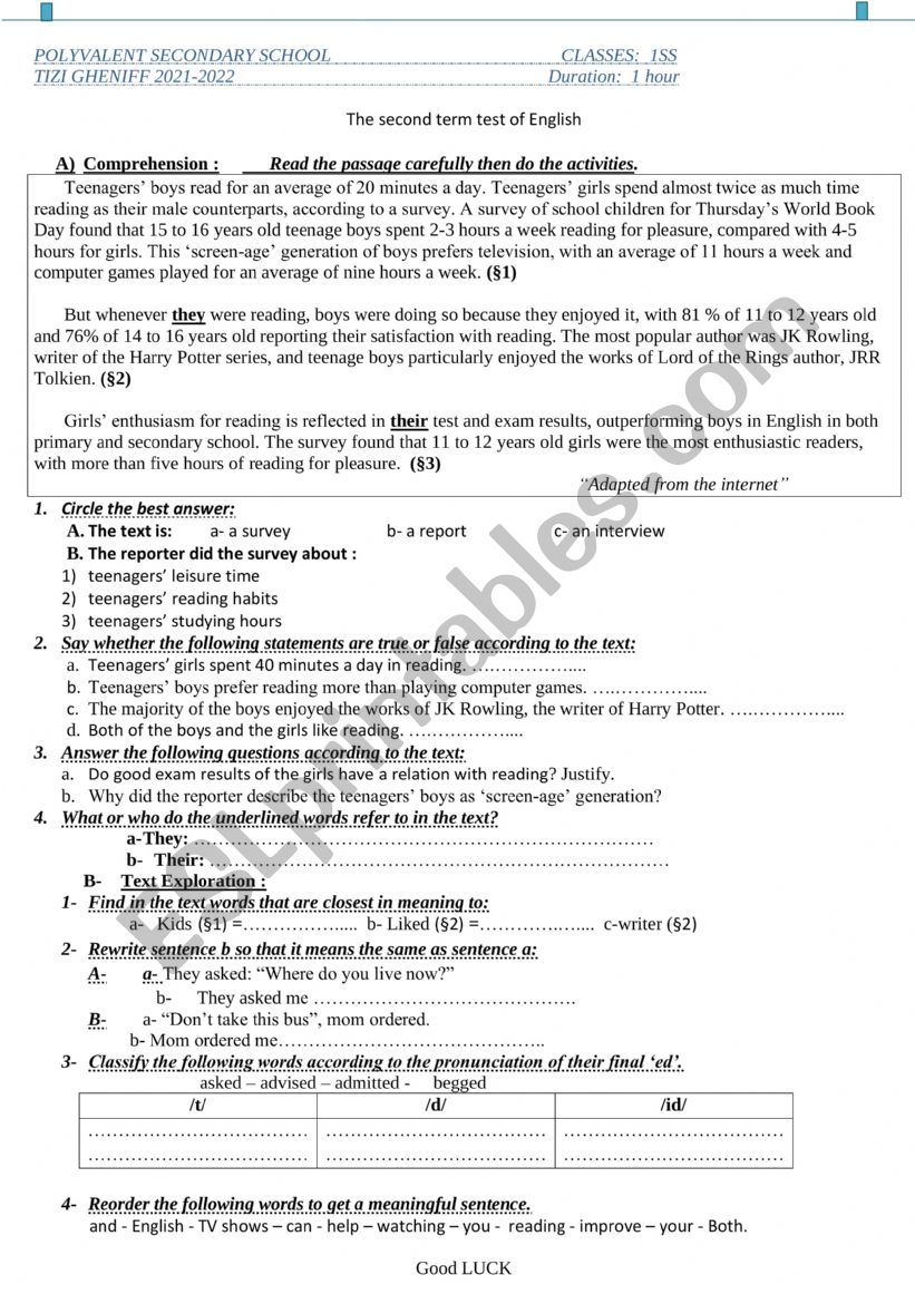 1st term test  worksheet