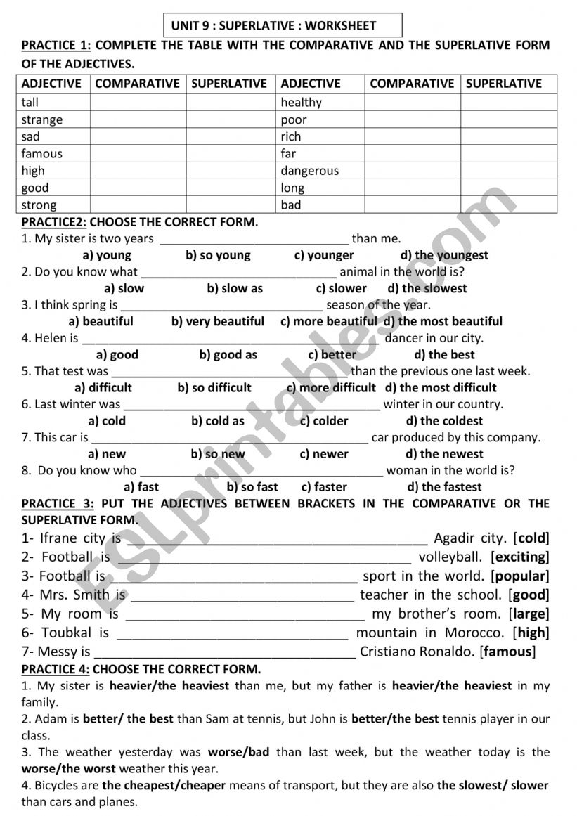 SUPERLATIVE AND COMPARATIVE ADJECTIVES WORKSHEET