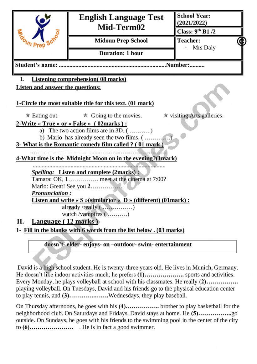  9th formMid-term test 3 worksheet