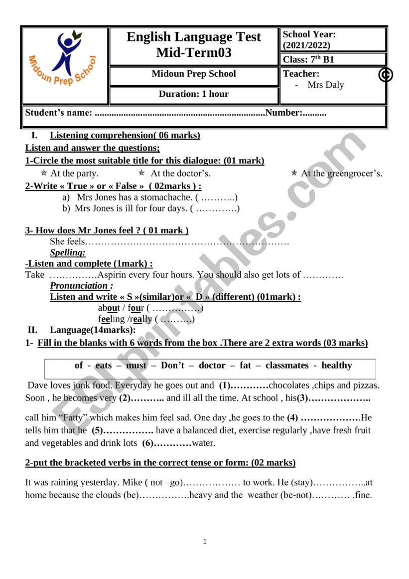 7th form English Mid-term-test3