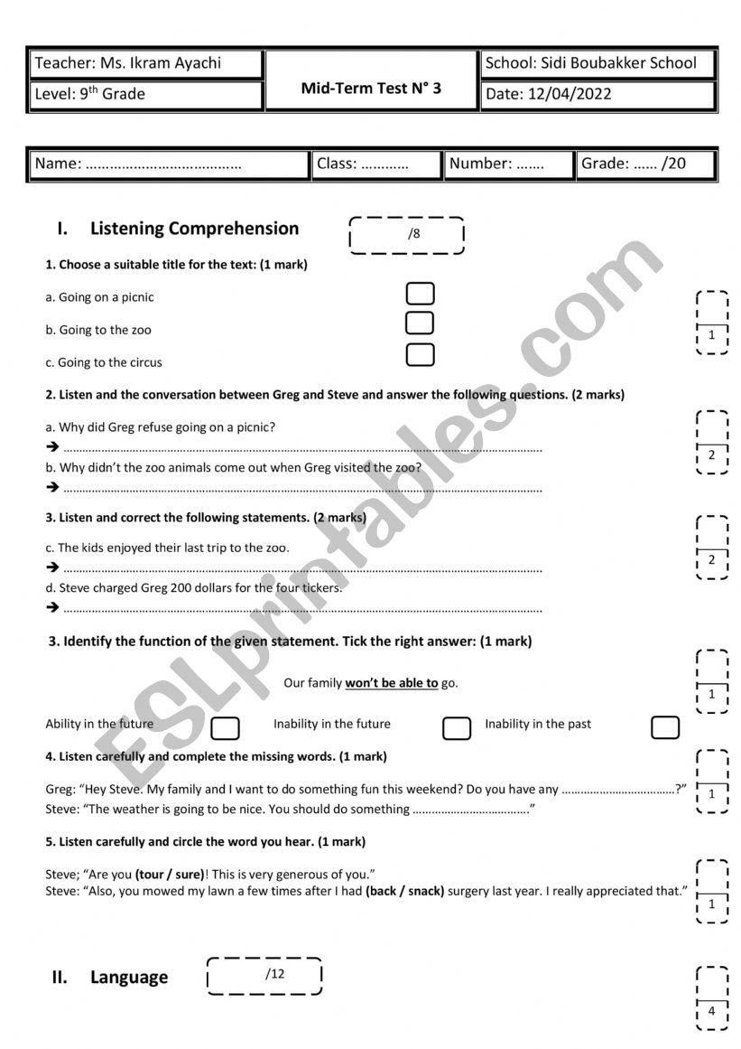 9th Grade - Mid-Term Test n 3