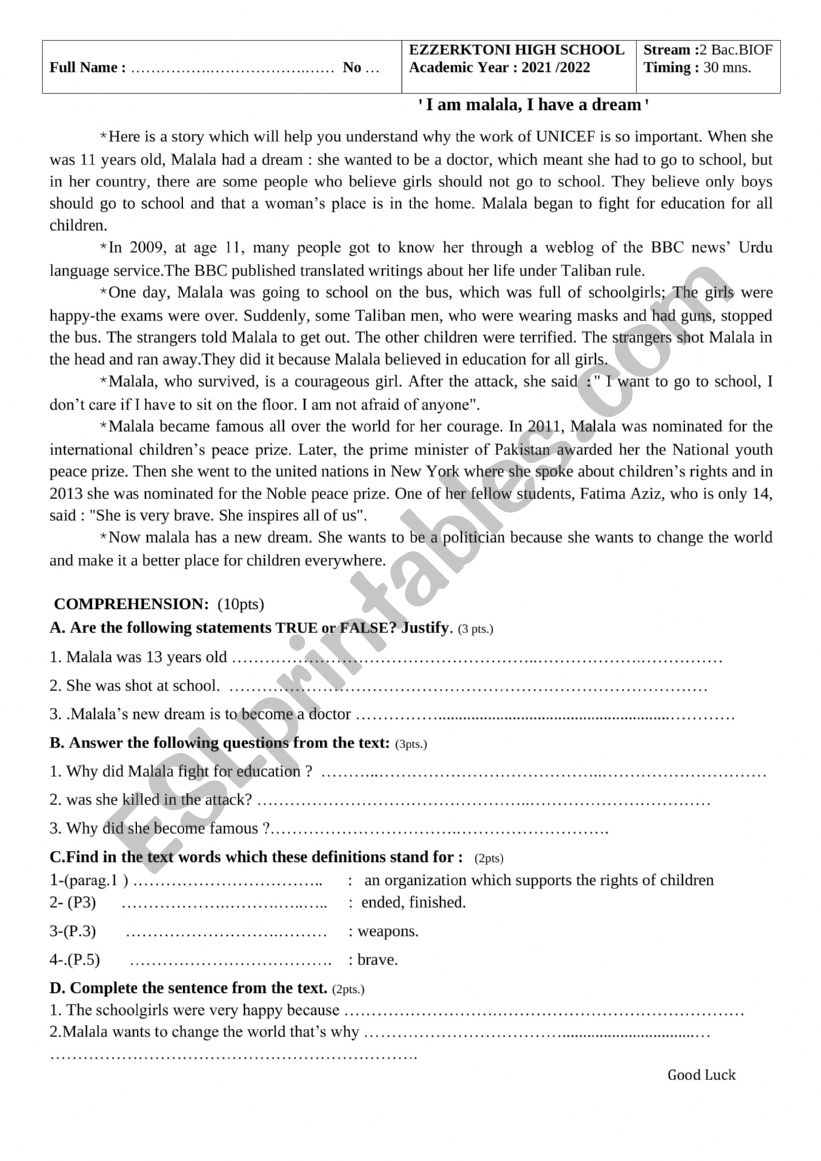 Malala worksheet