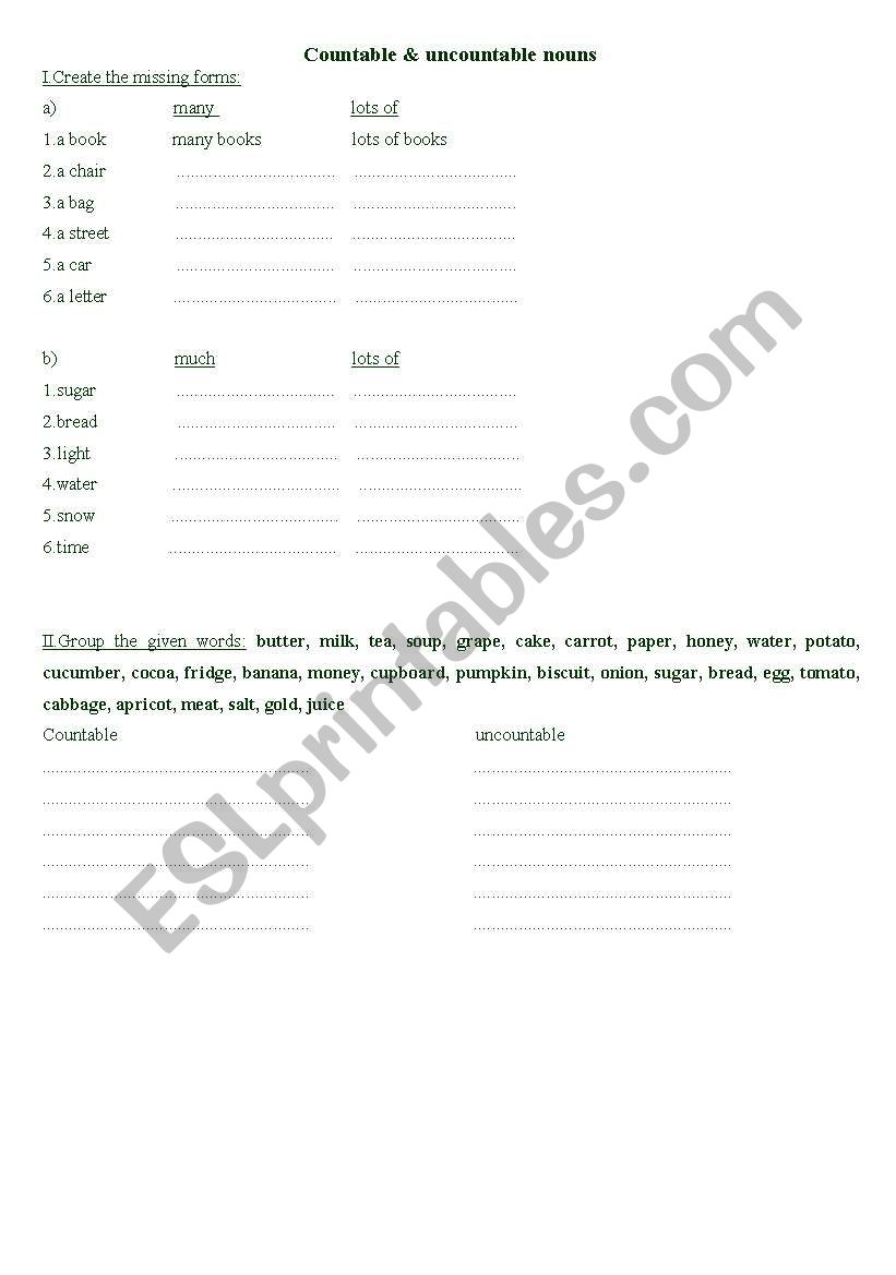 countable/uncountable nouns worksheet
