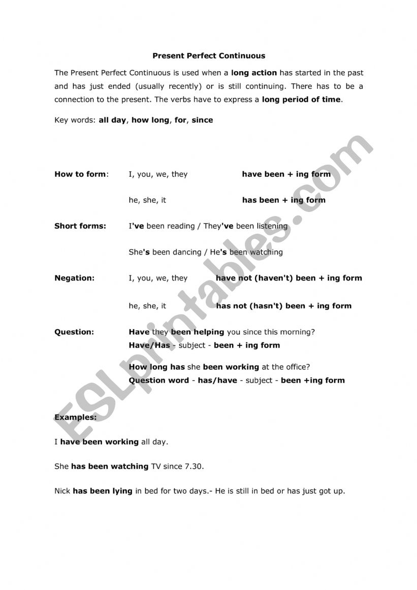 Present Perfect Continuous worksheet