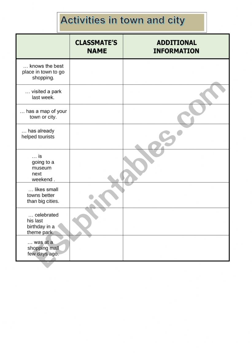 Activities in city worksheet