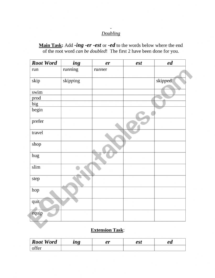 Doubling Spelling worksheet