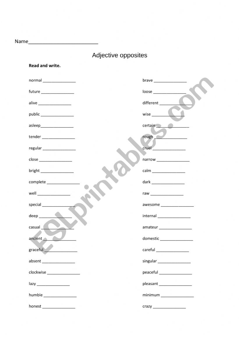 Adjective opposites worksheet