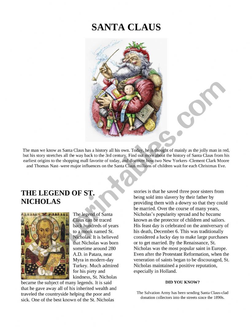 History of Santa worksheet