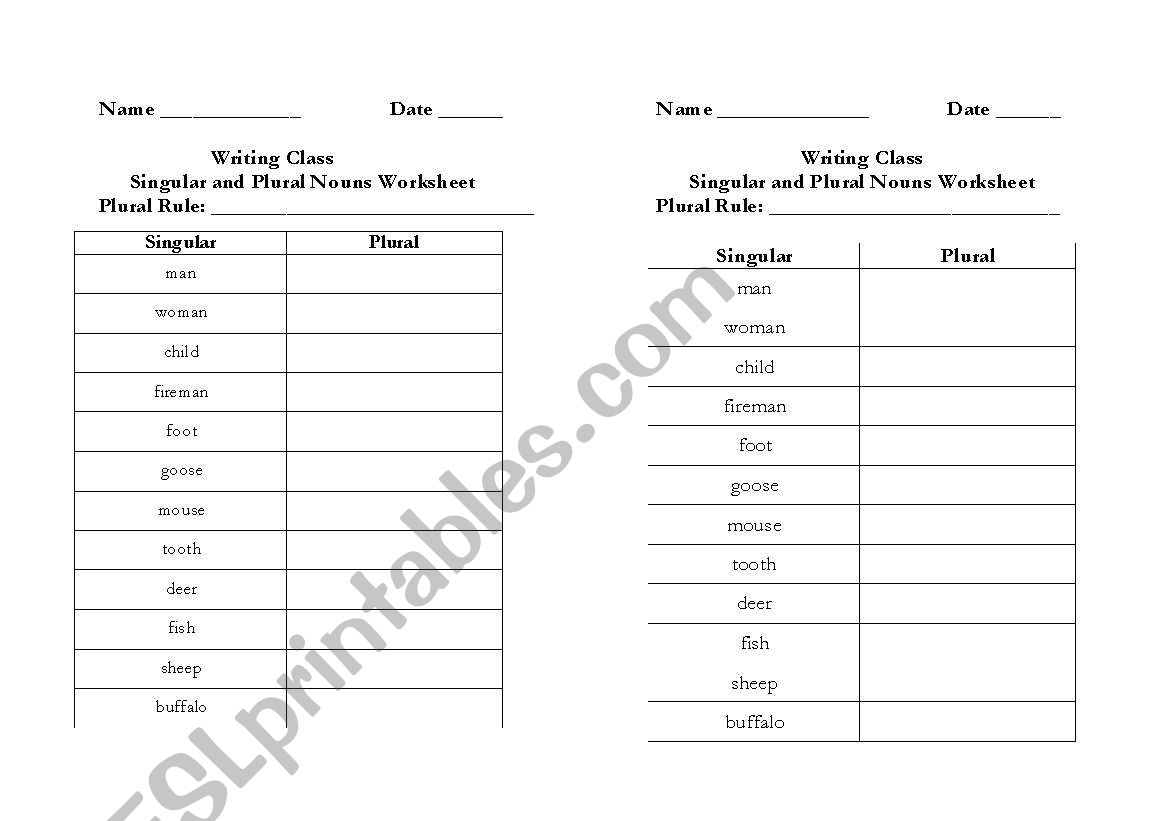 Irregular Plural nouns worksheet